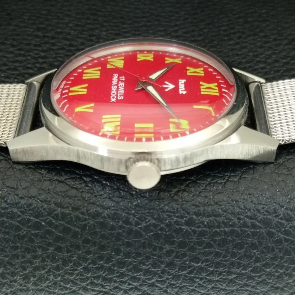 Vintage 1986 HMT Manual Wound Mens Silver Watch & Red accents